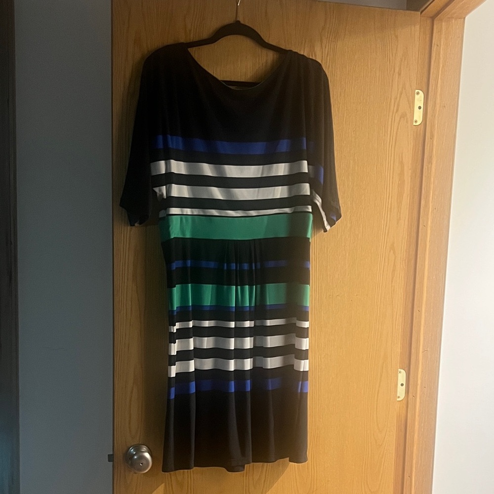dressbarn Striped Midi Dress in Black, Green, and Blue